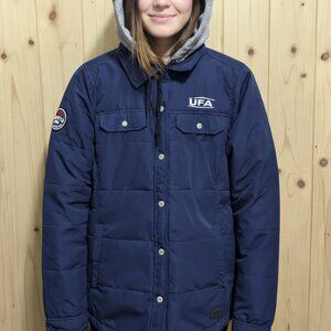 Women's ROOTS 73 Insulated Jacket Size Small (S) Blue W/ Hood UFA Logo, LIKE NEW